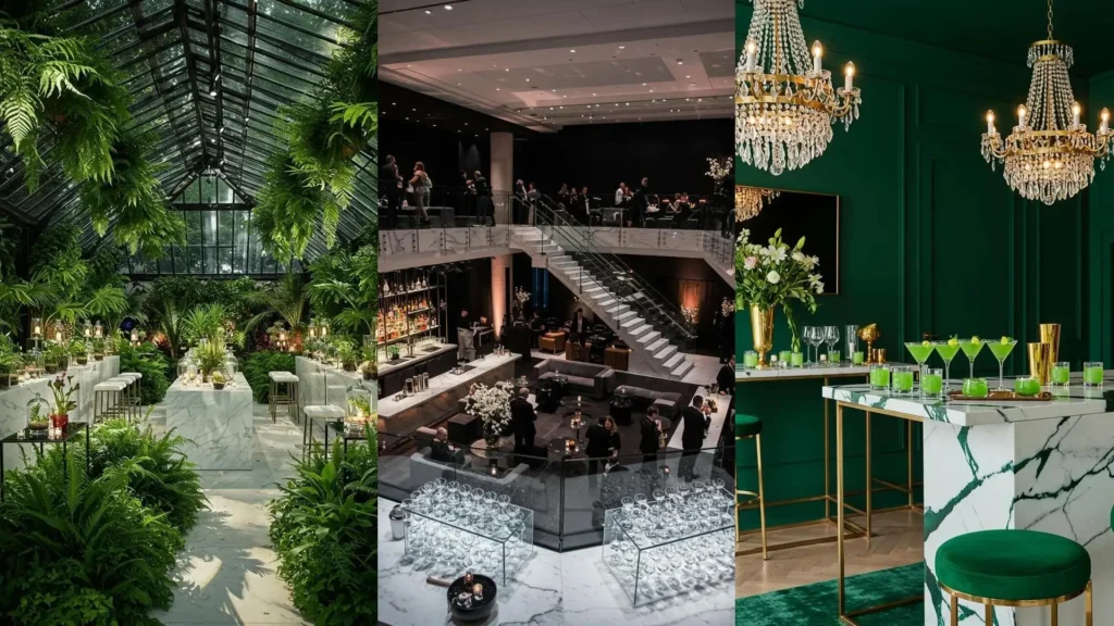 Luxe cocktailfeest decor met marmer, glaswerk en groene accenten, perfect voor een black-tie evenement.