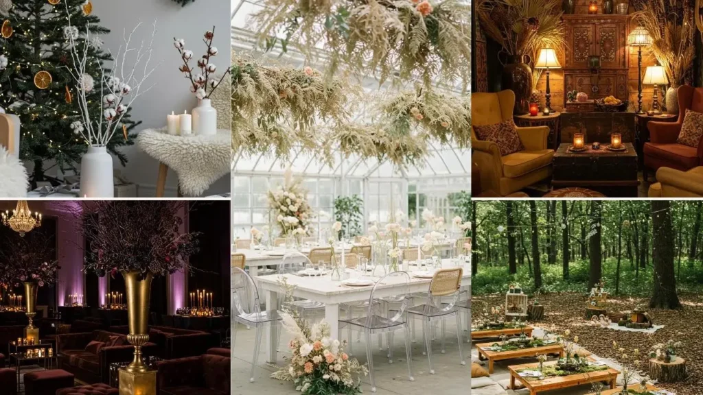 Diverse natuurlijke stylingideeën met droogbloemen, grassen en takken voor huis en evenementen.
