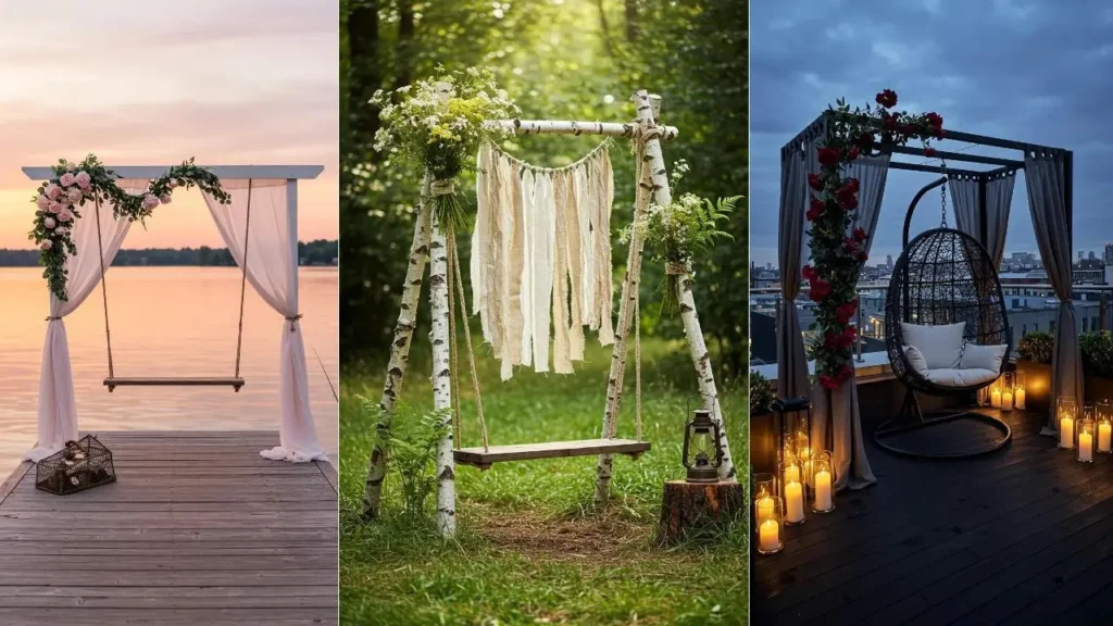 Drie romantische tuinschommels met bloemen, gordijnen en vintage details, perfect voor buitenontspanning.