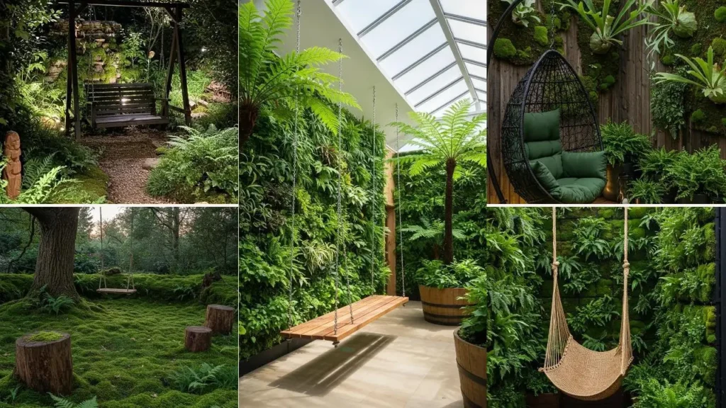 Diverse schommels in weelderige junglehoeken met varens, mos en houten details.