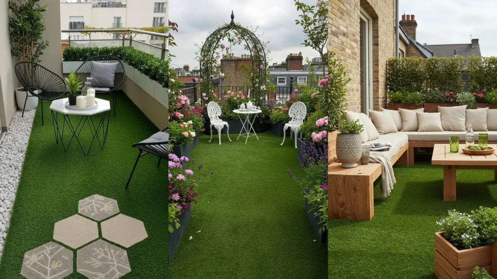 Inspirerende stijltips voor een prachtig dakterras of balkon met kunstgras, inclusief meubels en planten.
