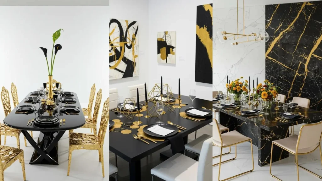 Drie stijlvolle tafeldekkingen in zwart en goud voor een formeel diner, met elegante serviezen en decoraties.