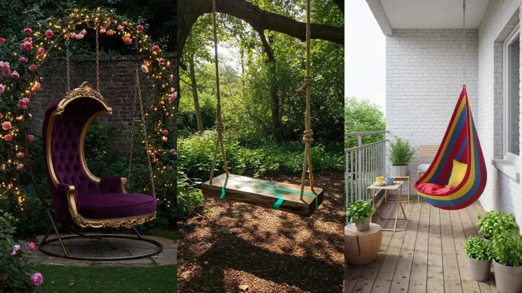 Drie artistiek vormgegeven schommels: een paarse stoel, houten plank en hangmat in opvallende kleuren en asymmetrisch design.