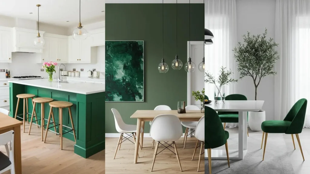 Scandinavische eetruimtes waar wit en botanisch groen elkaar versterken, met een groen eiland en witte stoelen.