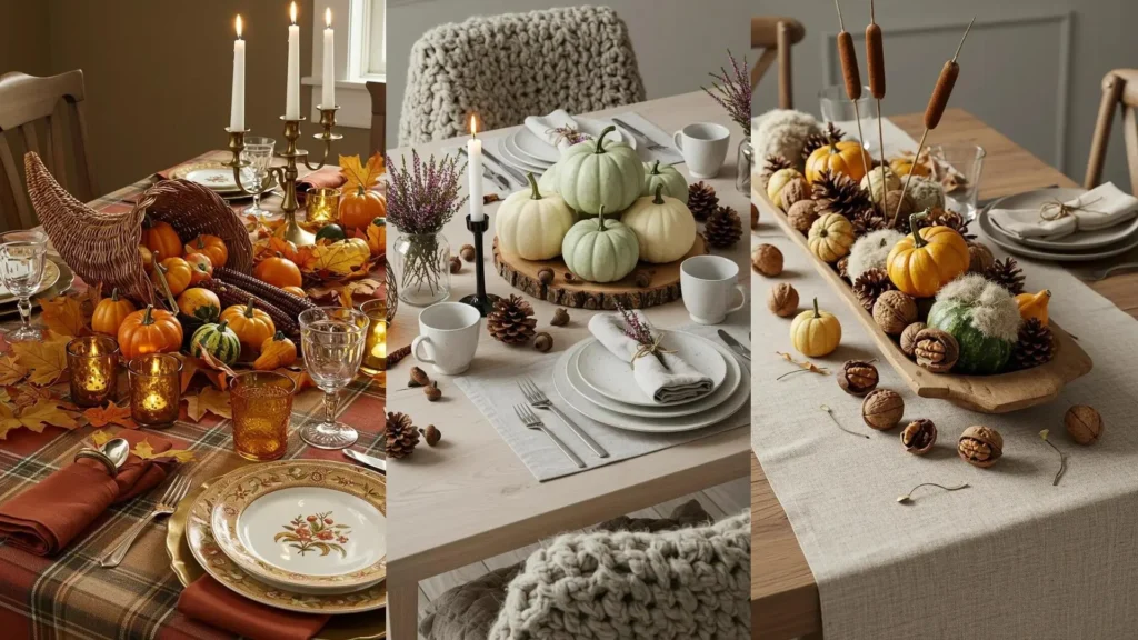 Drie herfstachtige tafeldecoraties met pompoenen, bladeren, kaarsen en warme kleuren, voor een gezellige ambiance.
