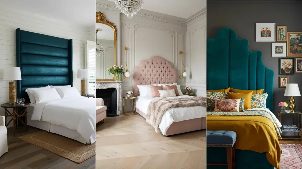 Drie luxe hotelstijl slaapkamers met hoge hoofdborden en glanzende stoffen in verschillende kleuren.