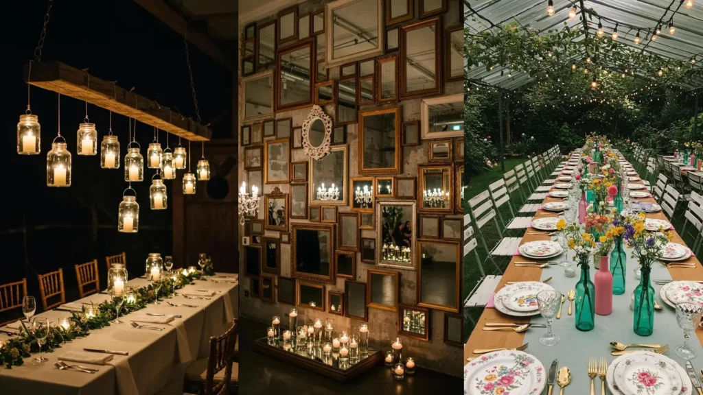 Sfeervolle decoratie met kringloopvondsten: hergebruikte potten, flessen en spiegels voor een unieke look.