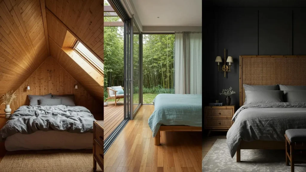 Drie natuurlijke slaapkamers met neutrale kleuren, linnen beddengoed en bamboe accenten.