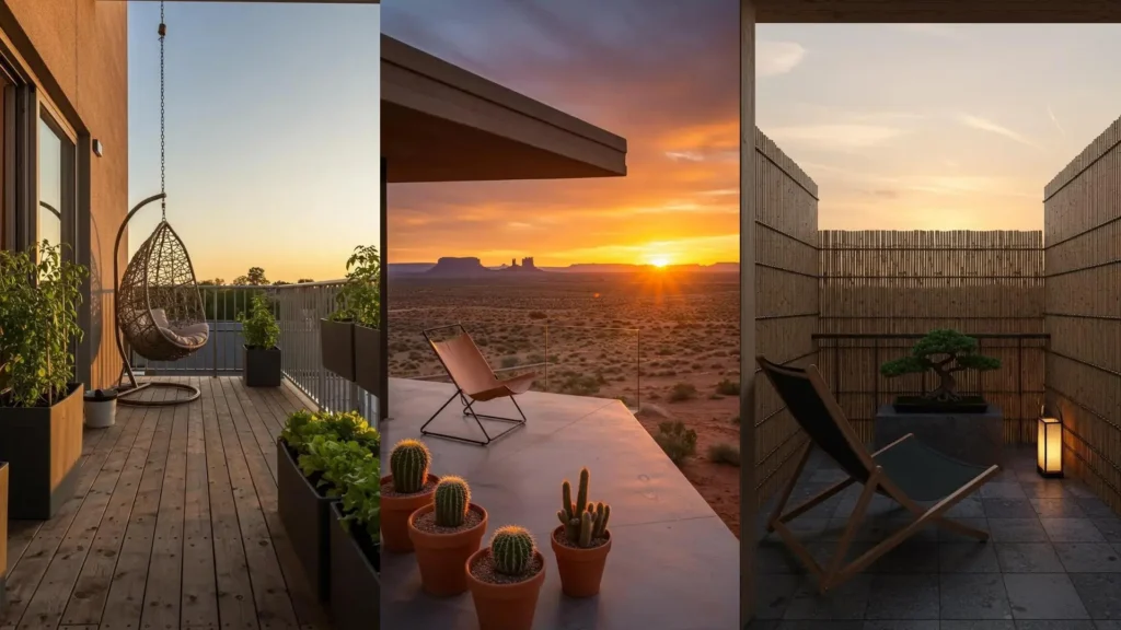 Panoramische balkonplekken met hangstoelen en ligstoelen gericht op de ondergaande zon over verschillende landschappen.