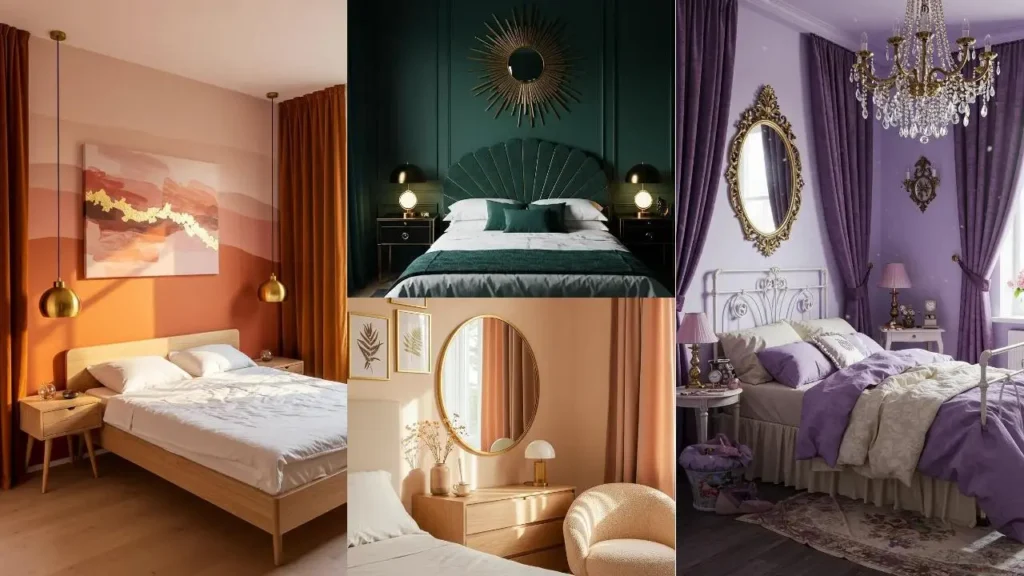 Romantische slaapkamers met luxueuze fluwelen gordijnen en elegante gouden accenten in diverse interieurstijlen.
