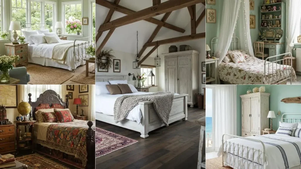 Verschillende shabby chic slaapkamers met witte bedden, vintage charme en verweerde meubels.
