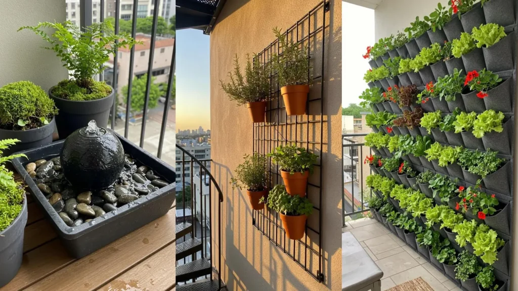 Inspirerende stylingideeën voor balkon of trapruimte: verticale tuin, potplanten en waterfontein.