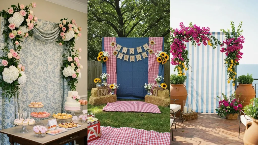 Diverse creatieve backdrops met bloemen en stoffen, perfect voor gedenkwaardige feestfoto's.