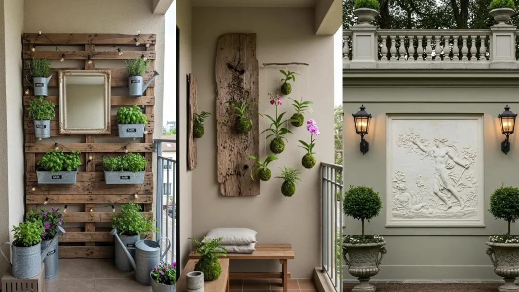 Drie voorbeelden van creatieve balkonmuren: één met planten en een spiegel, één met hangende planten, en één met klassieke kunst.