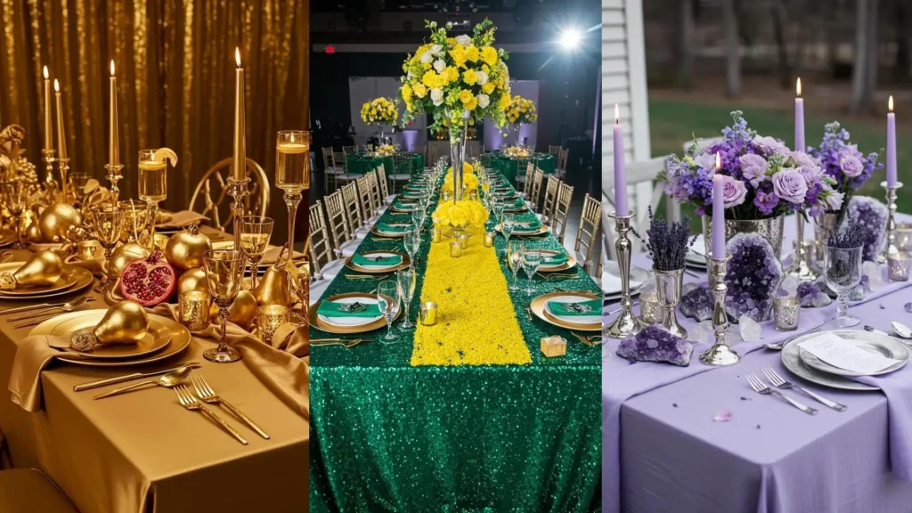Glamoureuze, glinsterende tafeldecoraties in goud, smaragdgroen-geel en paars met kristallen, perfect voor een meidenavond.