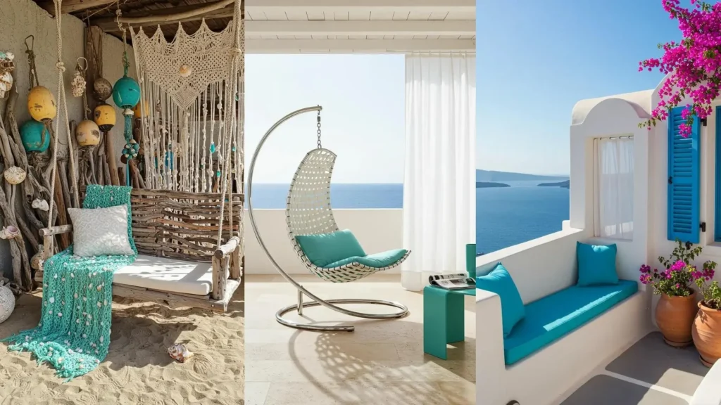 Drie Ibiza-geïnspireerde scènes met strandgevoel: schommels, witte gordijnen en turquoise accenten.