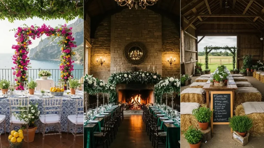 Drie inspirerende styling ideeën voor een huwelijksceremonie en receptie, van elegant buiten tot rustieke schuur.
