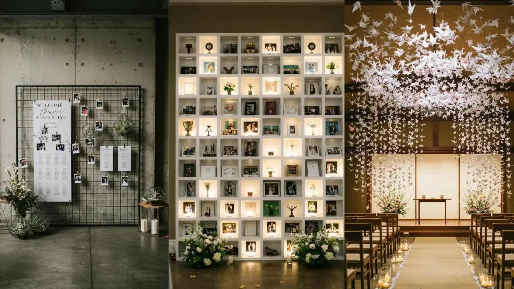 Bruiloft styling op wanden en muren: voorbeelden van fotodisplays, gepersonaliseerde rekken en thematische decoratie.