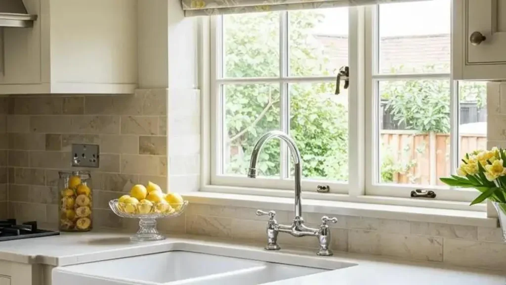 Een lichte keuken met een spoelbak en raam, waar gele citroenen en bloemen subtiele pastel kleuraccenten toevoegen.