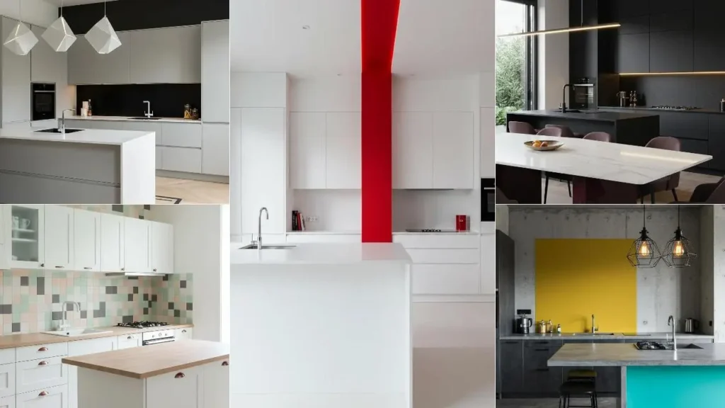 Diverse moderne keukens met opvallende kleurblokken, geometrische vormen en strakke ontwerpen.