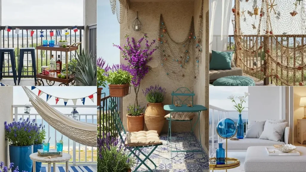 Overzicht van nautische balkonideeen, inclusief blauwe details, touwen en schelpen decoraties.