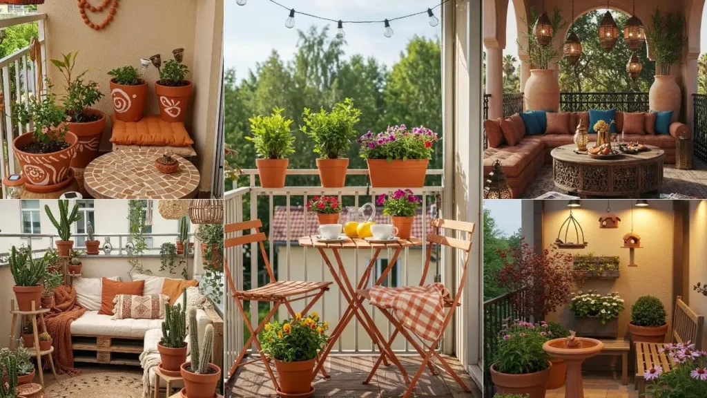Inspiratie voor een warme balkonstijl met terracotta potten, planten en gezellige meubels op diverse balkons.