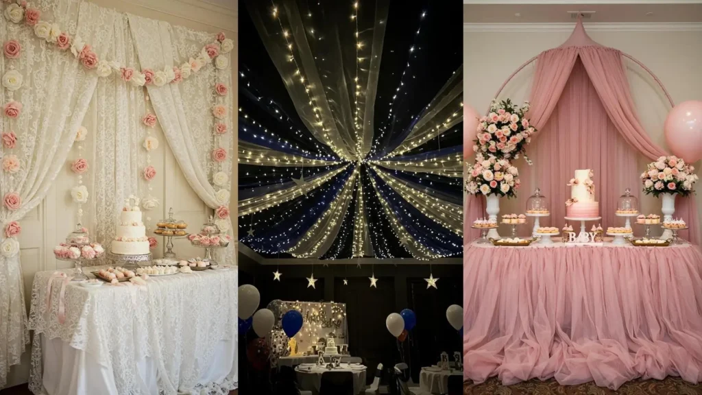 Dreamy indoor babyshower inspiratie met zachte zwevende stoffen, bloemen en sfeervolle verlichting.