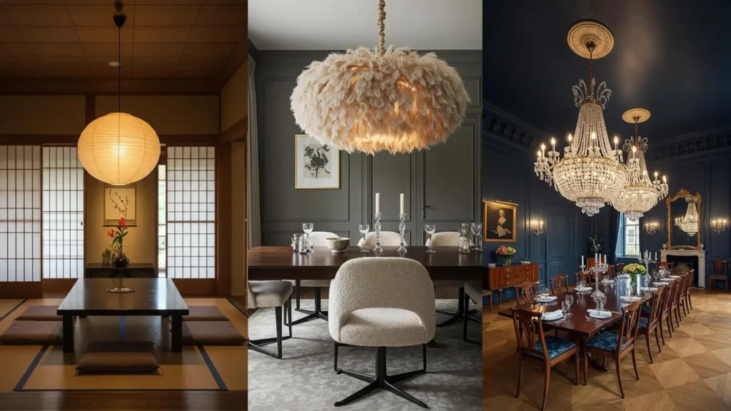 Diverse eetkamers die verlichting benadrukken, met een papieren lamp, veren hanglamp en kristallen kroonluchters.