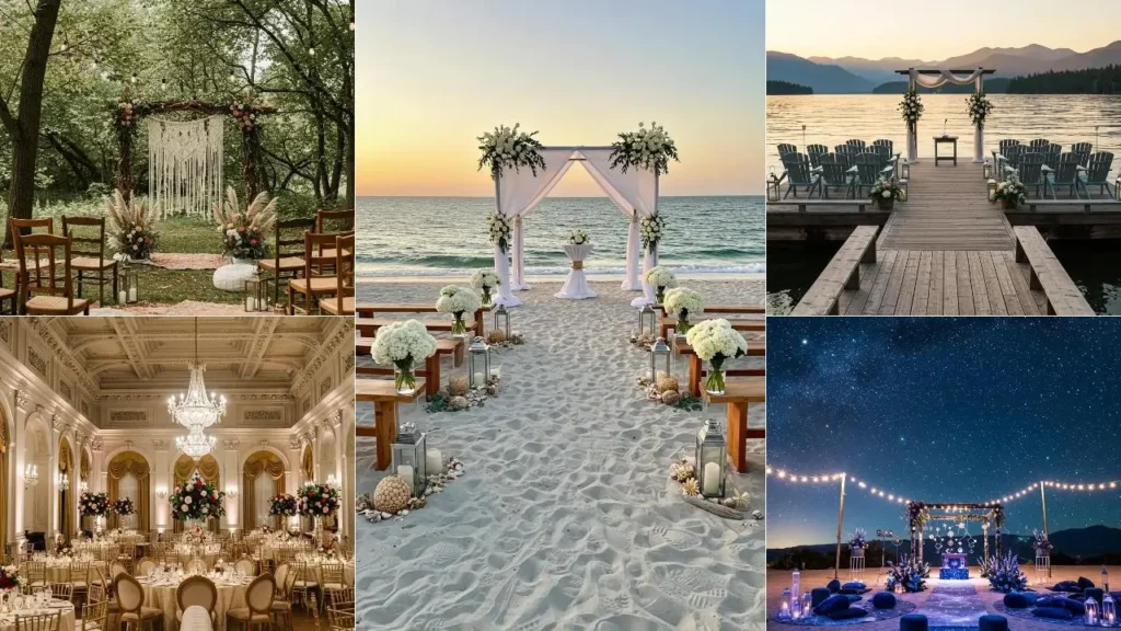Sfeervolle ideeën voor stoelen, banken en zitplekken op verschillende locaties: strand, bos, meer en luxe zaal.