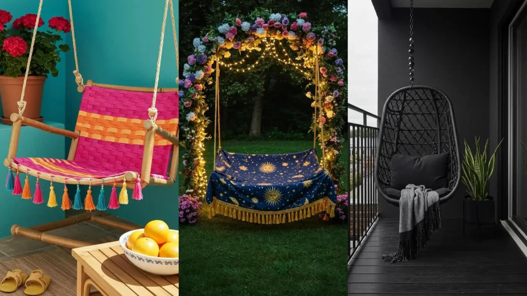 Kleurrijke boho schommels met franjes en vrolijke patronen, zoals een roze geweven en een bloemenboog swing.