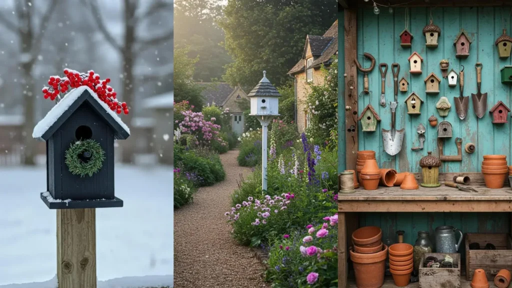 Creatief gedecoreerde vogelhuisjes in diverse settings: winter, weelderige tuin en als artistieke wanddecoratie.