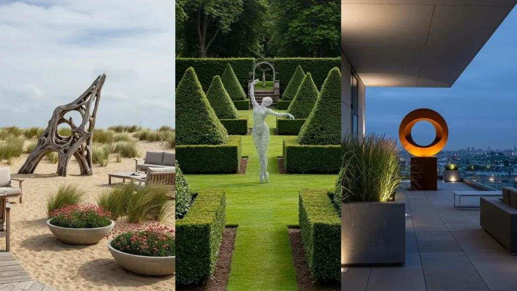 Diverse tuinbeelden en sculpturen in harmonie met verschillende natuurlijke omgevingen, zoals strand, bos en dakterras.