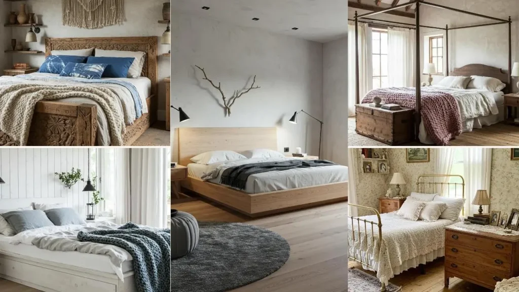 Meerdere romantische, rustieke slaapkamers met zachte kleuren, veel textuur, houten bedden en warme dekens.