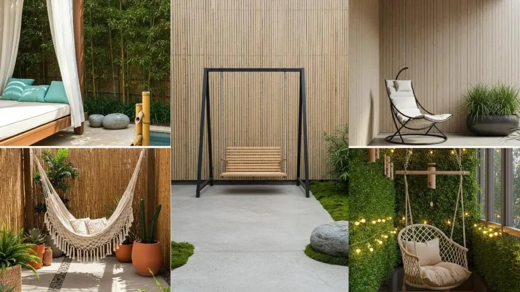 Rustgevende zenruimtes met diverse schommels, hangstoelen en bamboewanden.