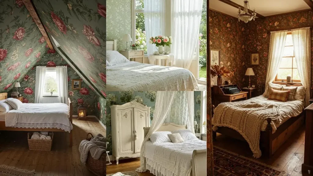 Drie gezellige cottagecore slaapkamers met bloemenbehang, witte bedden en kant details.