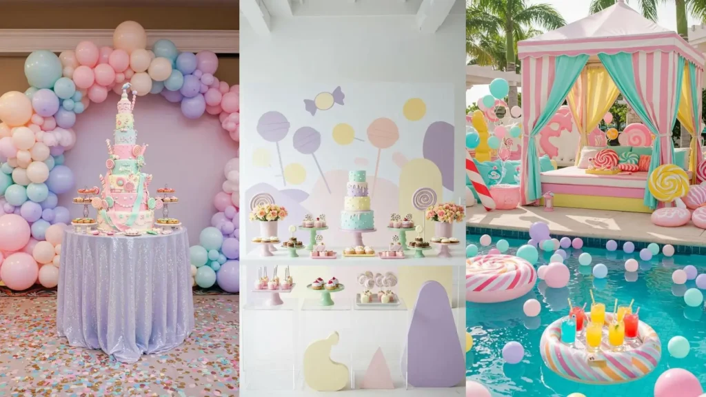 Candyland themaparty decoraties met pastelkleurige lolly's, ballonnen en desserts.