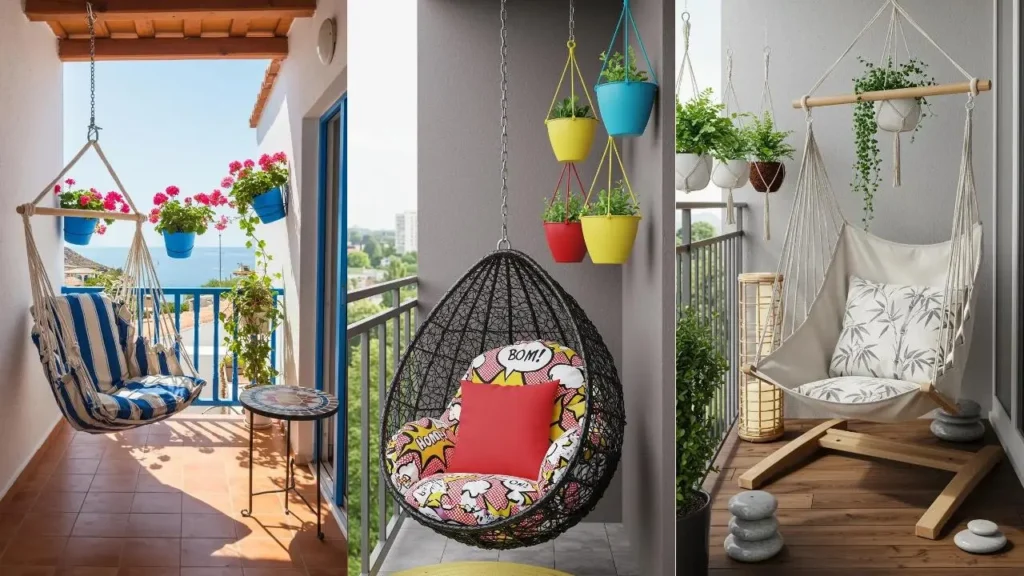 Drie balkonhangstoelen met kleurrijke patronen, omringd door diverse hangplanten.