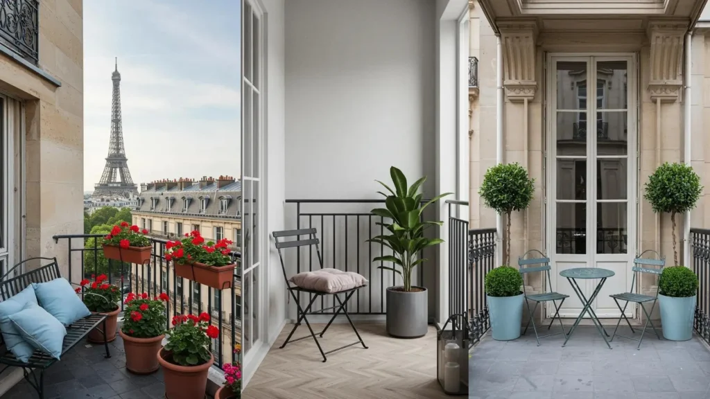 Drie Parijse balkons met smeedijzeren meubels, pastelkleurige accenten en planten, één met uitzicht op de Eiffeltoren.