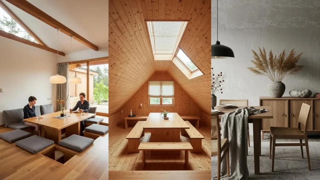 Japandi eetkamers met harmonieuze mix van hout, linnen en natuurlijk licht.