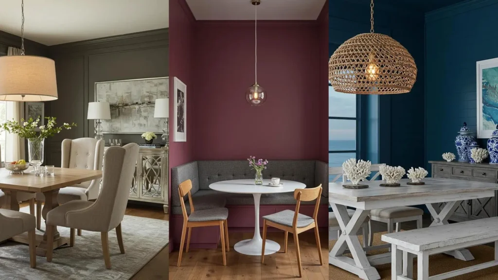 Eetkamers met donkere muren en warme verlichting, ideaal voor uitnodigende lange diners.