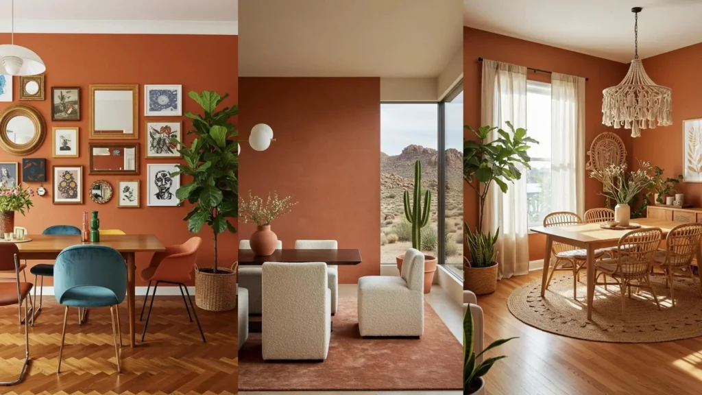 Eetkamers met warme terracotta muren, natuurlijke houten en rieten meubels, en groene planten.
