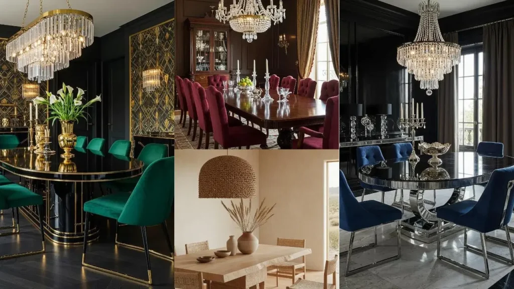 Diverse eetruimtes met tafels als pronkstuk: ovaal, massief hout en rond, aangevuld met kleurrijke stoelen.