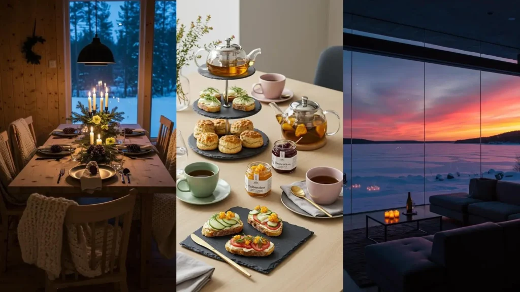 Gezellige Scandinavische winter feestsettings met kaarslicht, heerlijke hapjes en besneeuwde landschappen.