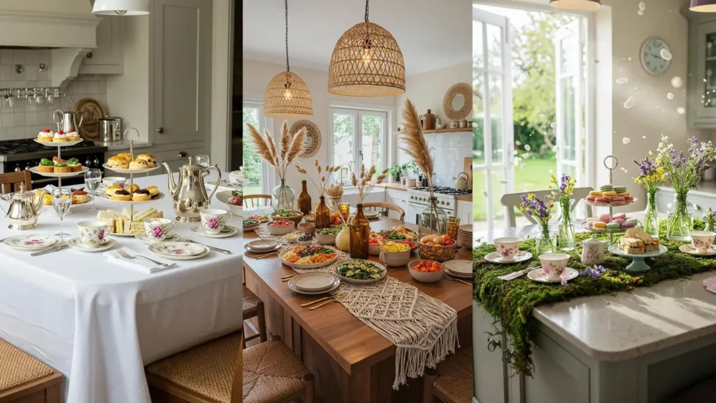 Drie feestelijke voorbeelden van keukeneiland- of barstyling met eten en decoratie als blikvanger.