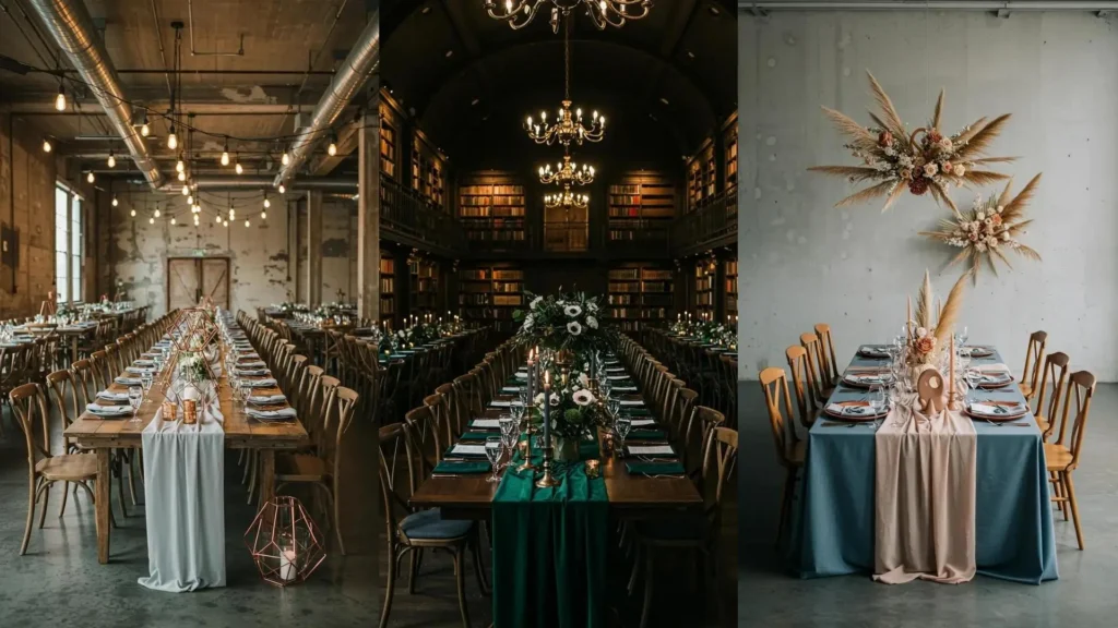 Drie diverse trouwzalen met elegante tafels en verschillende kleurcombinaties voor een tijdloze bruiloftssfeer.