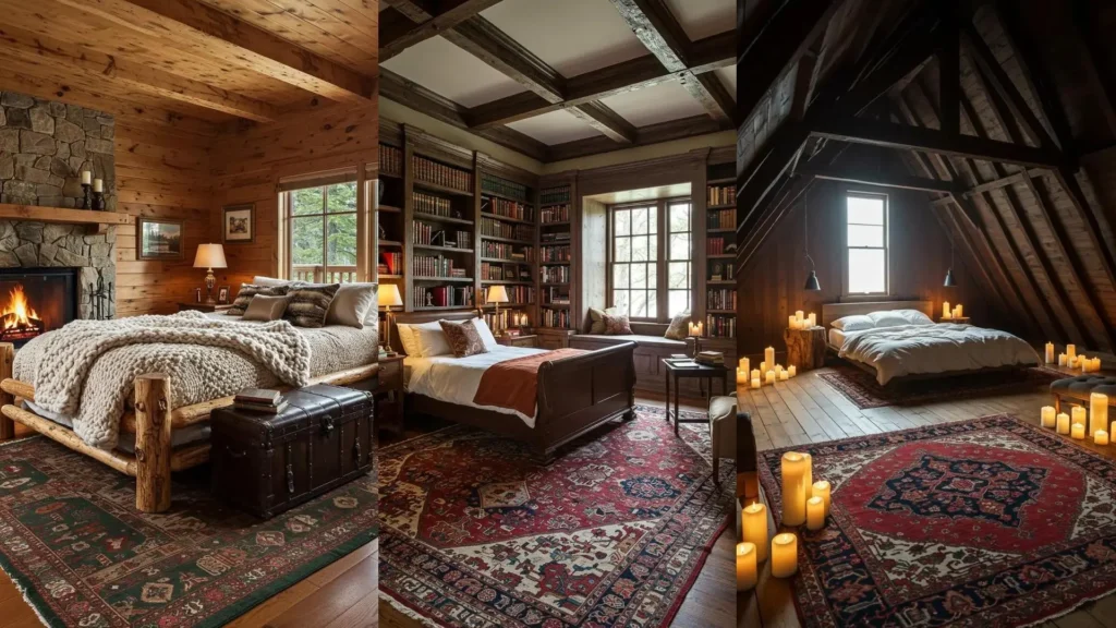 Drie rustieke slaapkamers met houten balken, vintage tapijten en sfeervol kaarslicht.