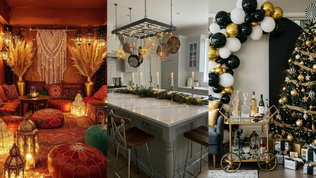 Sfeervolle kerstdecoraties met gouden accenten en fonkelende lichtjes, perfect voor een gezellig kerstfeest.