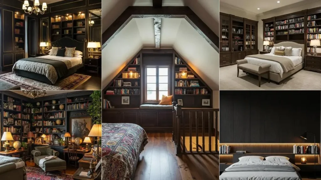 Slaapkamer interieurs met boekenplanken, donker hout en warme verlichting voor een bibliotheeksfeer.