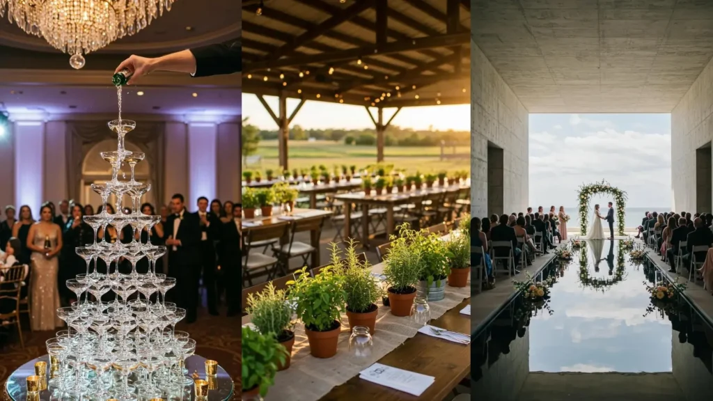 Gedenkwaardige evenementen met indrukwekkende styling: champagne, sfeervolle eettafels & romantische bruiloft.