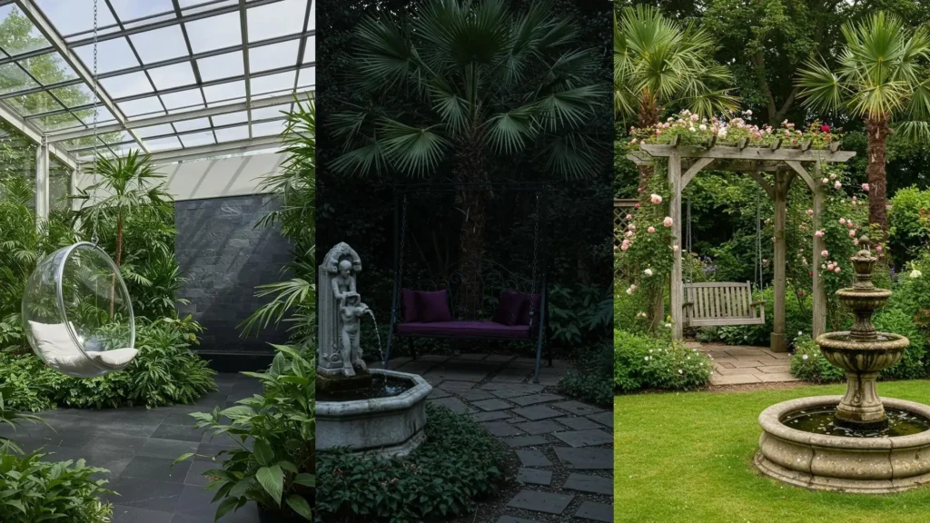 Drie weelderige tuinhoekjes met luxe hangschommels, palmen en waterpartijen.